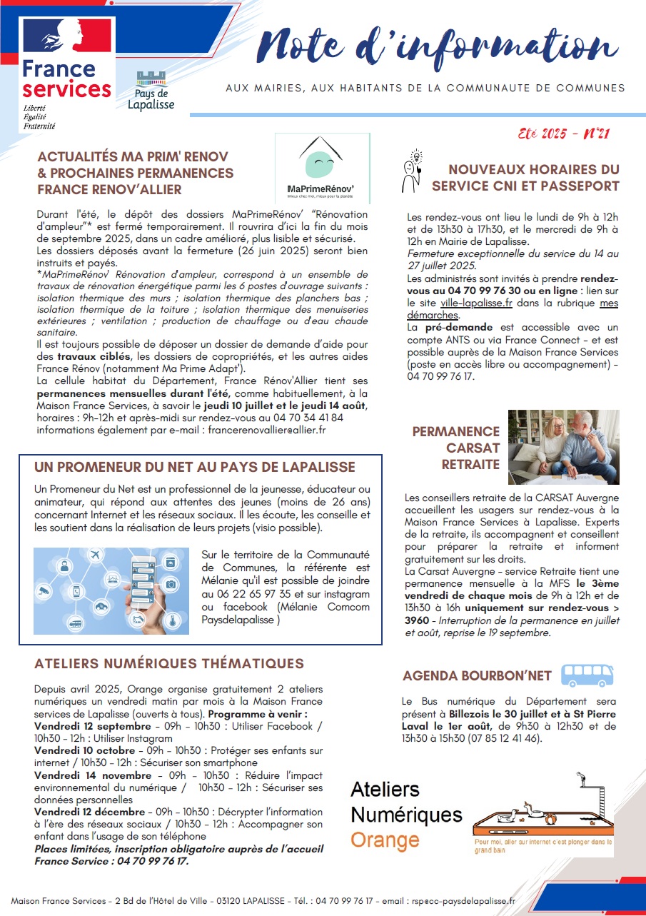 Lettre d'informations 2025 - N°21 Maison France Services Pays de Lapalisse 